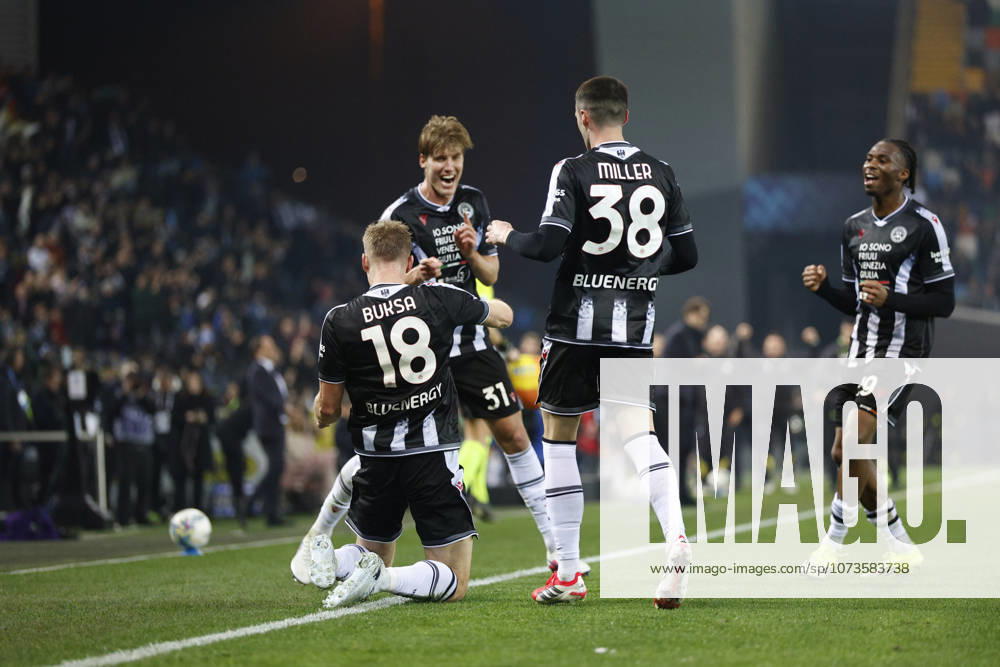 Udinese s Adam Buksa celebrates after scoring a goal during the Italian Serie A Enilive match between Udinese Calcio vs ACF Fiorentina at the Bluenergy Stadium in Udinese, Italy