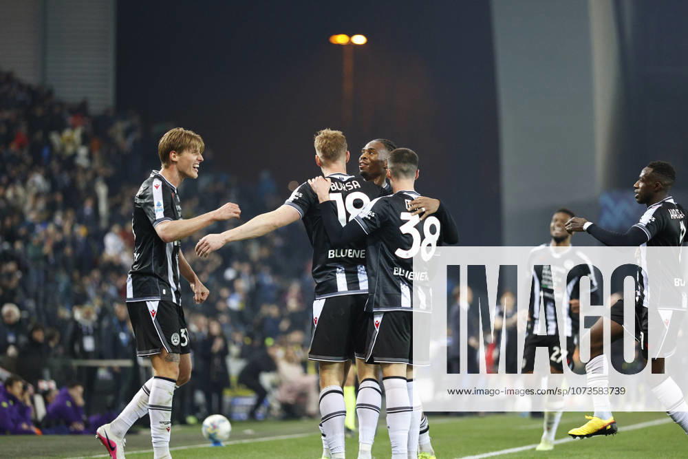 Udinese s Adam Buksa celebrates after scoring a goal during the Italian Serie A Enilive match between Udinese Calcio vs ACF Fiorentina at the Bluenergy Stadium in Udinese, Italy