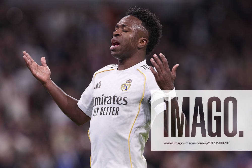 Vinicius Junior of Real Madrid CF gestures during the LaLiga EA Sports 2025 2026 week 26 football match between Real Madrid CF and Getafe CF at Santiago Bernabeu Stadium. Final score: Real Madrid CF 0:1 Getafe CF Madrid Spain - ZUMAs197 20260302_aaa_s197_535