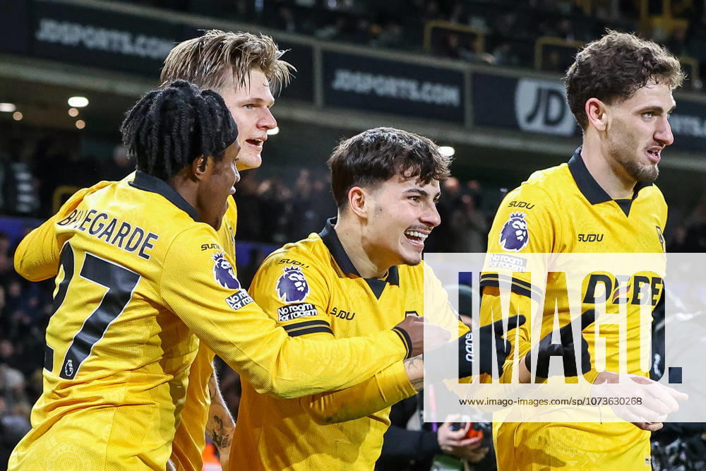 Wolverhampton Wanderers v Liverpool - Premier League Rodrigo Gomes of Wolverhampton Wanderers celebrates the goal with teammates during the Premier League match between Wolverhampton Wanderers and Liverpool at Molineux in Wolverhampton, on March 3, 2026. Wolverhampton West Midlands United Kingdom