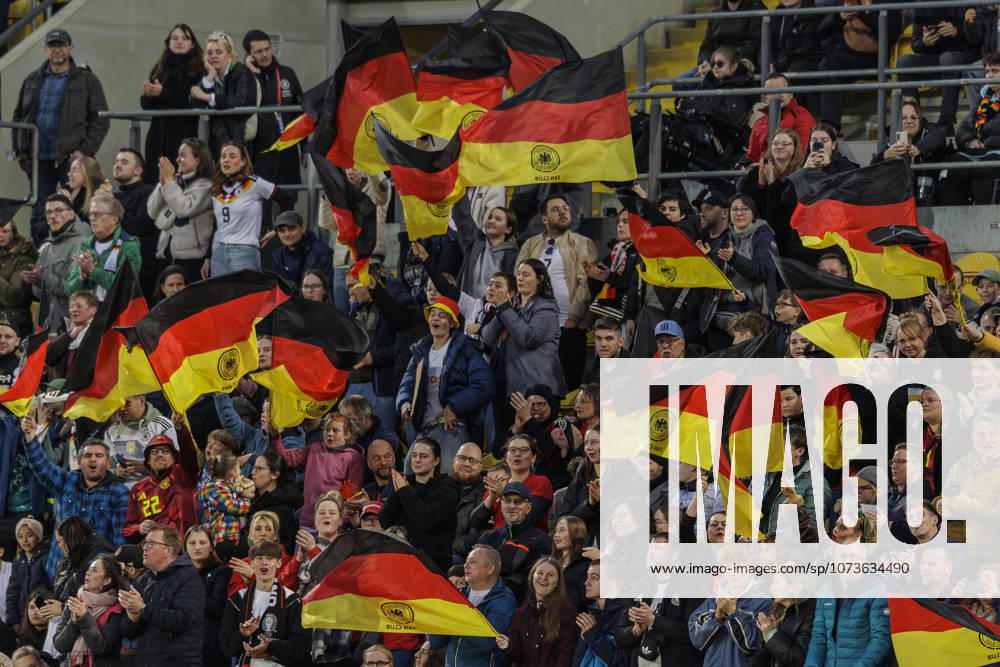 Dresden, Germany 03 March 2026 World Cup Qualification Women 2026 Germany vs Slovenia In the picture cheering fans waving flags, Germany flags DFB regulations prohibit any use of photographs as image sequences and or quasi video Rudolf Harbig Stadion Sachsen