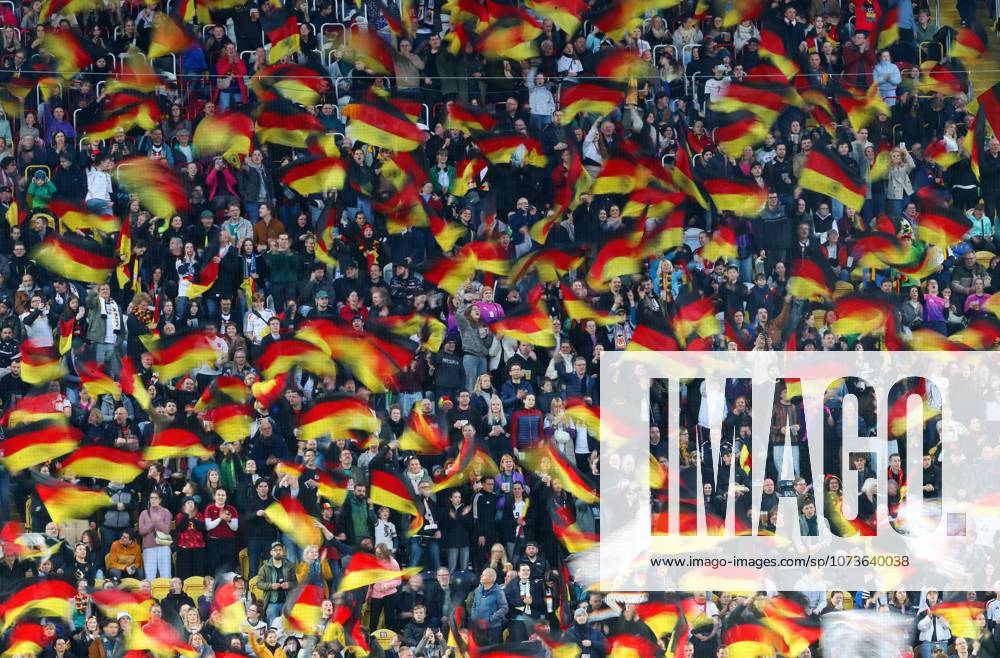 GER, Football, Women, World Cup Qualification, Germany Slovenia 03 03 2026, Dresden, Rudolf Harbig Stadium, GER, World Cup Qualification, Women Country Match, Group Phase, Group D, Match 1 of 6 Germany Slovenia in picture Fans waving Germany flags, a sea in black red gold DFL regulations prohibit any use of photographs as image sequences and or quasi video