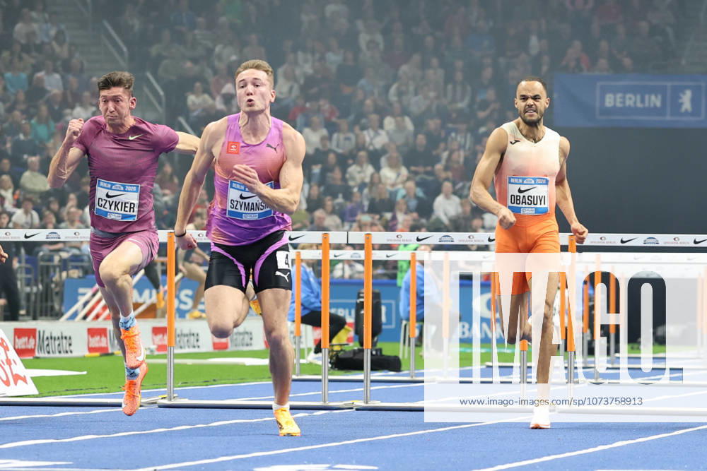 Damian CZYKIER (POL), 60m Hurdles Men, Jakub SZYMAŃSKI (POL), 60m Hurdles Men, Michael OBASUYI (BEL), 60m Hurdles Men, during the ISTAF Indoor Berlin at Uber Arena Berlin, March 6, 2026 in Berlin, Germany. Berlin Germany