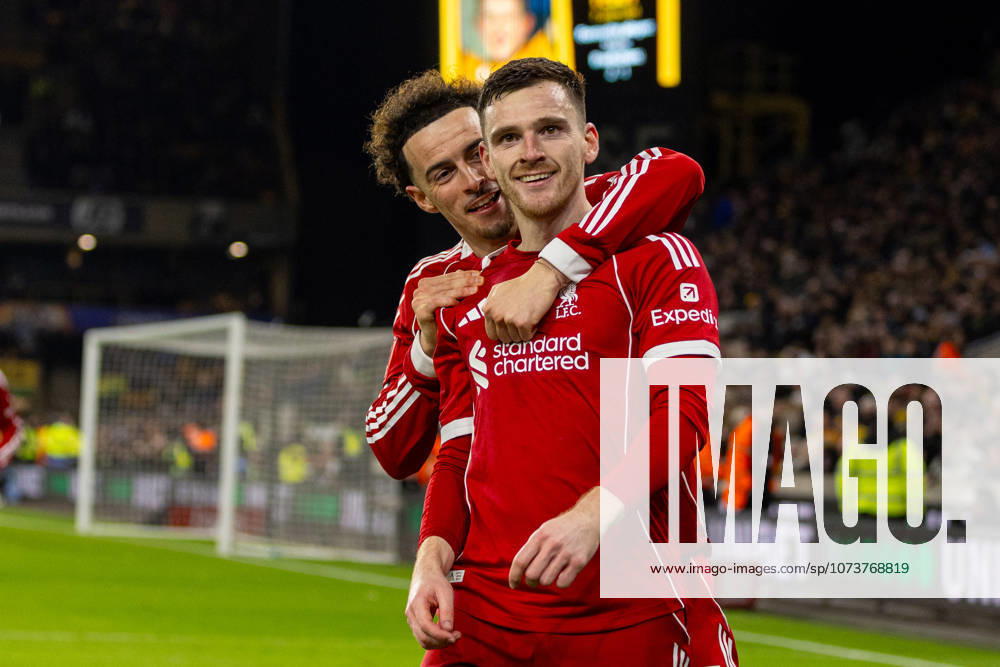 Football - FA Cup - 5th Round - Liverpool FC v Wolverhampton Wanderers FC WOLVERHAMPTON, ENGLAND - Friday, March 6, 2026: Liverpool s Andy Robertson (R) celebrates with team-mate Curtis Jones after scoring the first goal during the FA Cup 5th Round match between Liverpool FC and Wolverhampton Wanderers FC at Molineux. (Photo by David Rawcliffe Propaganda) WOLVERHAMPTON Molineux WEST MIDLANDS ENGLAND
