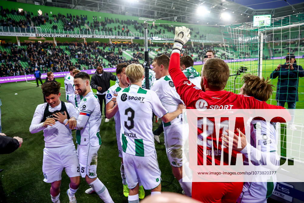 2026-03-07 FC Groningen v Ajax - Dutch Eredivisie GRONINGEN, NETHERLANDS - MARCH 7: players of FC Groningen celebrate the win during the Dutch Eredivisie match between FC Groningen and Ajax at Stadion Euroborg on March 7, 2026 in Groningen, Netherlands. Groningen Stadion Euroborg Netherlands Content not available for redistribution in The Netherlands directly or indirectly through any third parties.