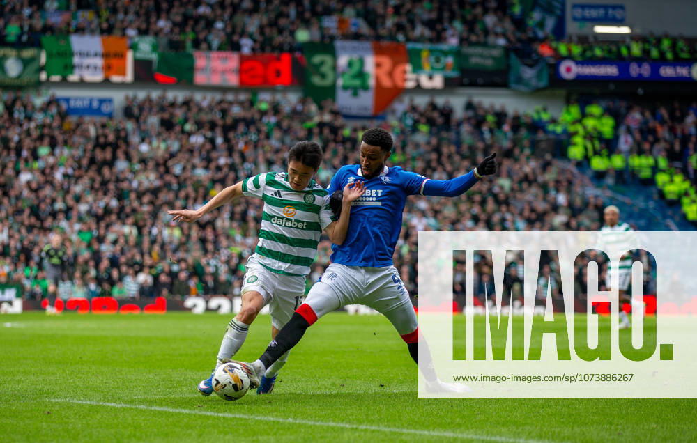 8th March 2026; Ibrox Stadium, Glasgow, Scotland; Scottish Cup Football, Rangers versus Celtic; Youssef Chermiti of Rangers tackles Hyunjun Yang of Celtic VagelisxGeorgariou Content restricted for UK based newspaper
