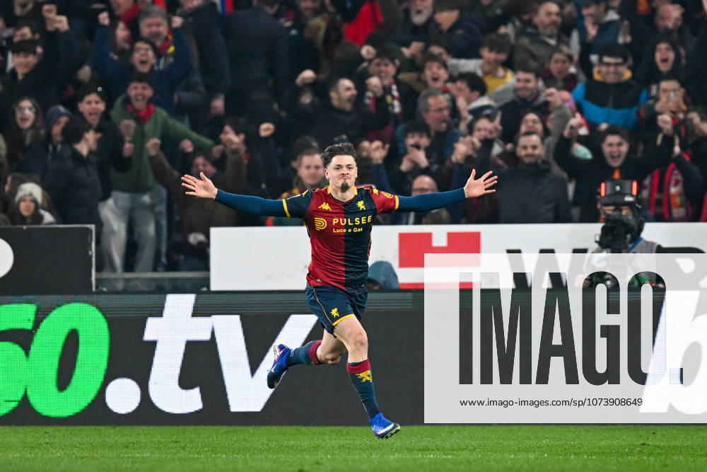 Genoas Vitinha celebrates after scoring a goal for his team during the Serie A soccer match between Genoa and Roma at the Luigi Ferraris Stadium in Genoa, Italy - Sunday, March 08, 2026. - Soccer .