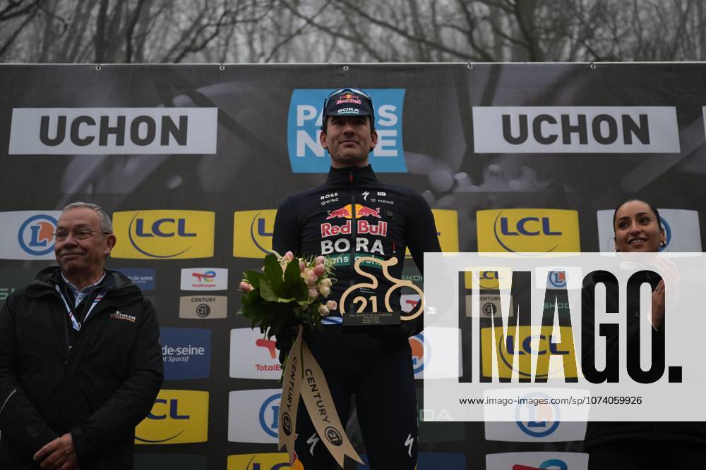 Dutch Mick van Dijke of Red Bull-BORA-hansgrohe celebrates on the podium with the combativity award after the fourth stage of 84th edition of the Paris-Nice cycling race, a race from Bourges to Uchon (195 km), on Wednesday 11 March 2026. DAVIDxPINTENS x167183393x