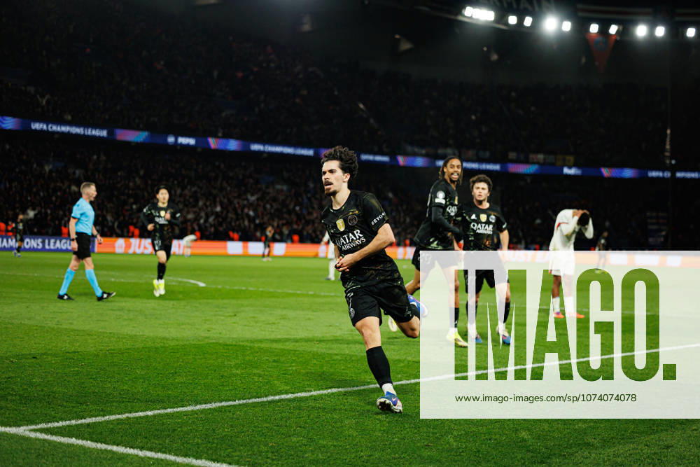 Vitinha seen celebrating after scoring goal during Champions League Round of 16 game between teams of Paris Saint-Germain Football Club and Chelsea FC (Maciej Rogowski Ball Raw Images) Paris Parc des Princes France
