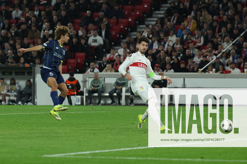 FBL UEFA Europa League Round of 16 first leg 2025 26 VfB Stuttgart FC Porto Rodrigo Mora FC Porto scores the goal to 0 2, Atakan Karazor VFB Stuttgart during the UEFA Europa League Round of 16 first leg soccer match between VfB Stuttgart and FC Porto at the Stuttgart Arena in Stuttgart, Germany