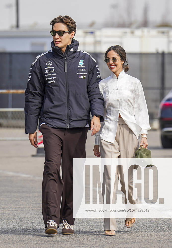 FORMULA ONE CHINESE GRAND PRIX 2026 George Russell 63 (GBR) Mercedes and Carmen Mundt (Girlfriend of George Russell) arriving for race day during the Formula 1 Heineken Chinese Grand Prix 2026, 2nd round of the 2026 Formula One World Championship, WM, Weltmeisterschaft from March 13 to 15, 2026 at the Shanghai International Circuit, Shanghai, China. Credit: Robbie Hoad Every Second Media Editorial use only. All images are copyright Every Second Media Limited. No images may be reproduced without prior permission.