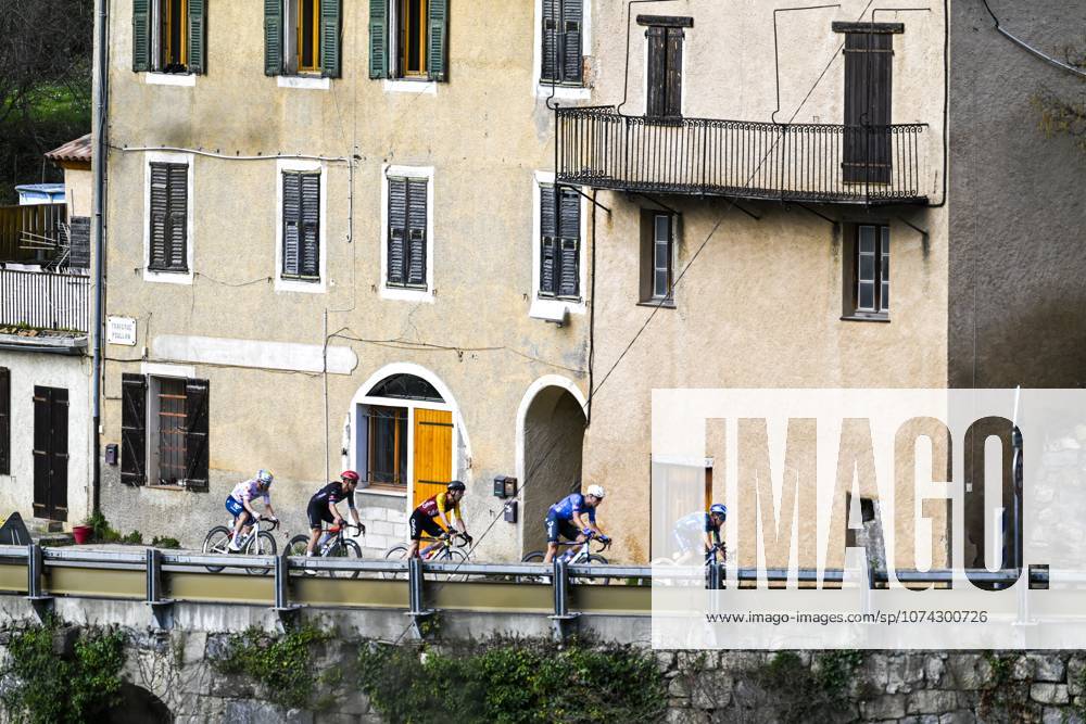Paris Nice 2026 Stage 8 NICE, FRANCE - MARCH 15 : Van Den Bossche Fabio (BEL) of Soudal Quick-Step, Thomas Benjamin (FRA) of Cofidis, Trentin Matteo (ITA) of Tudor Pro Cycling Team, Delettre Alexandre (FRA) of TotalEnergies, Marsman Tim (NED) of Alpecin - Premier Tech in the escape pack during stage 8 of the 84th edition of Paris - Nice an UCI World Tour 2.UWT cycling road race stage for Men Elite of 145 km with start in Nice and finish in Nice on March 15, 2026 in Nice, France, 15 03 2026 ( Motordriver Guy De Vuyst - Nice France