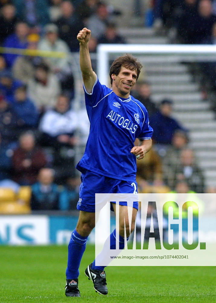 Derby County V Chelsea, Premier League Gianfranco Zola of Chelsea celebrates during the Premier League match between Derby County and Chelsea at Pride Park on April 7, 2001 in Derby, England. Derby Pride Park England United Kingdom