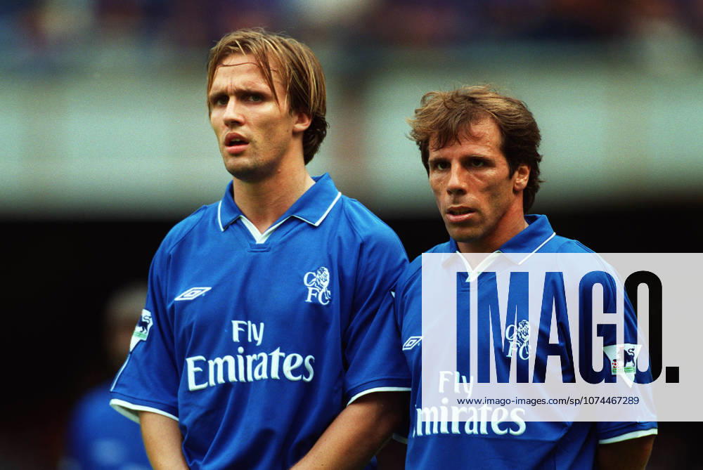 Chelsea V Newcastle United, Premier League Boudewijn Zenden of Chelsea and Gianfranco Zola of Chelsea in action during the Premier League match between Chelsea and Newcastle United at Stamford Bridge on August 19, 2001 in London, England. London Stamford Bridge England United Kingdom