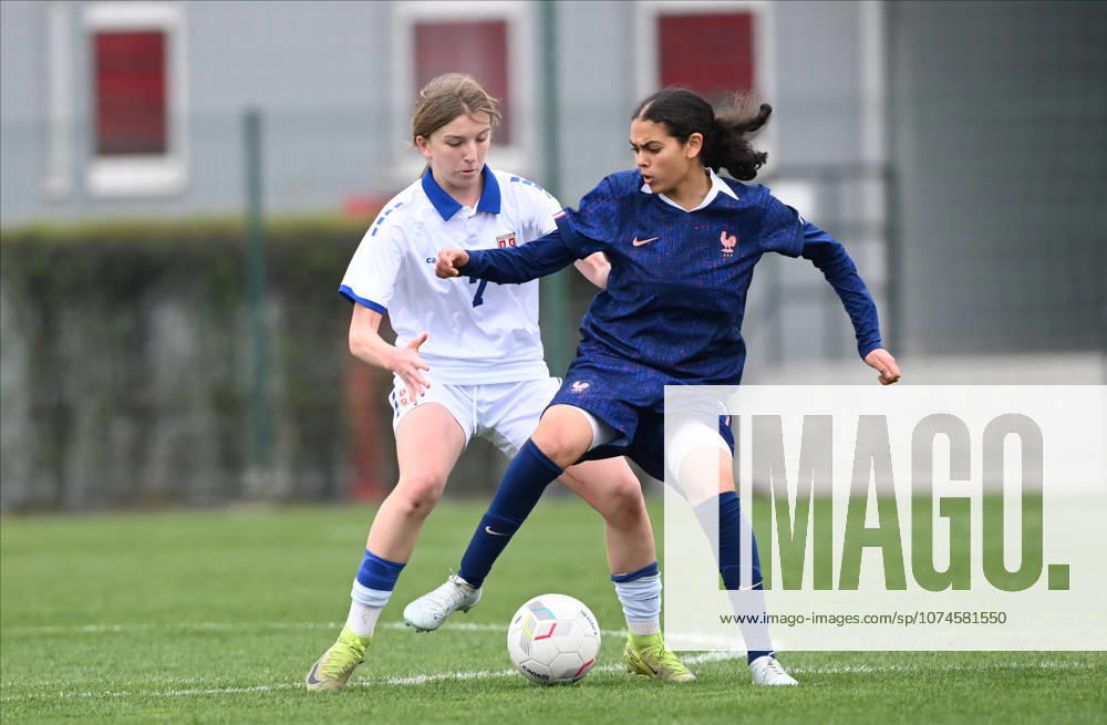 WU17 SERBIA vs FRANCE MEHISANE ZIDI, football player of WU17 France, during the European Qualifying match against Serbia, and JANA TOPIC, at Sports Center of FA of Serbia. Stara Pazova, 17.03.2026. photo: Nebojsa Parausic MN Press FOOTBALL, WU17, UEFA, SERBIA, FRANCE, WOMEN Stara Pazova Sports Center of FA of Serbia Serbia