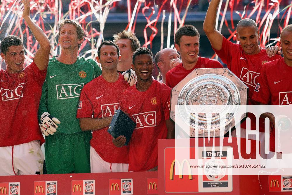Chelsea V Manchester United, ManU Fa Community Shield Cristiano Ronaldo, Edwin Van Der Sar, Ryan Giggs, Nani, Michael Carrick, Rio Ferdinand and Wes Brown of Manchester United celebrating with trophy after the match between Chelsea and Manchester United at Wembley Stadium on August 5, 2007 in London, England. London Wembley Stadium England United Kingdom