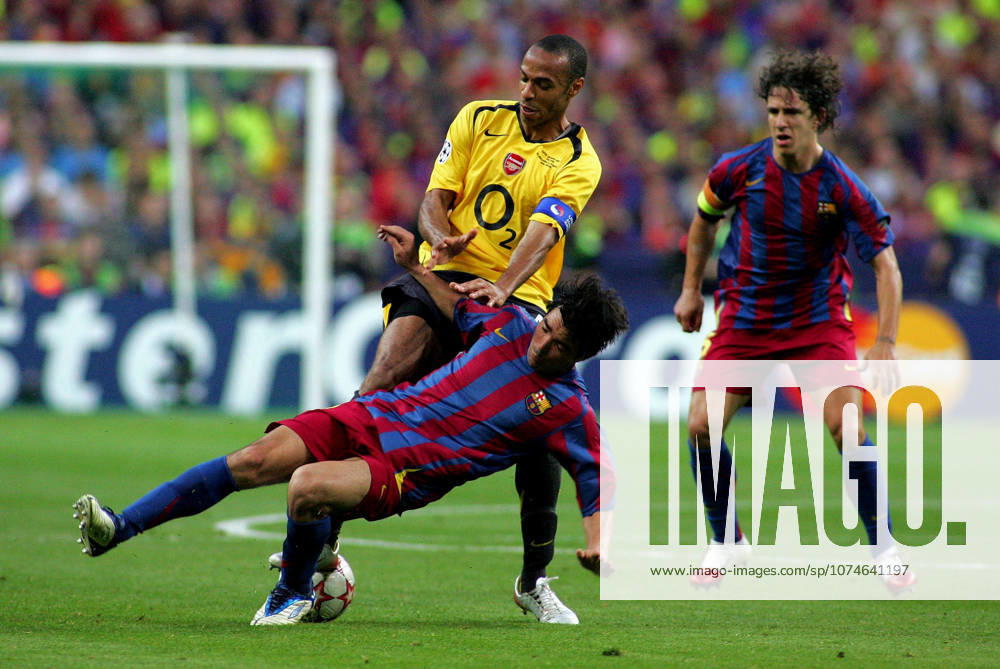 Barcelona V Arsenal, UEFA Champions League Final Thierry Henry of Arsenal and Deco of Barcelona challenge during the UEFA Champions League Final match between Barcelona and Arsenal at Stade De France on May 17, 2006 in Paris, France. Paris Stade De France France France