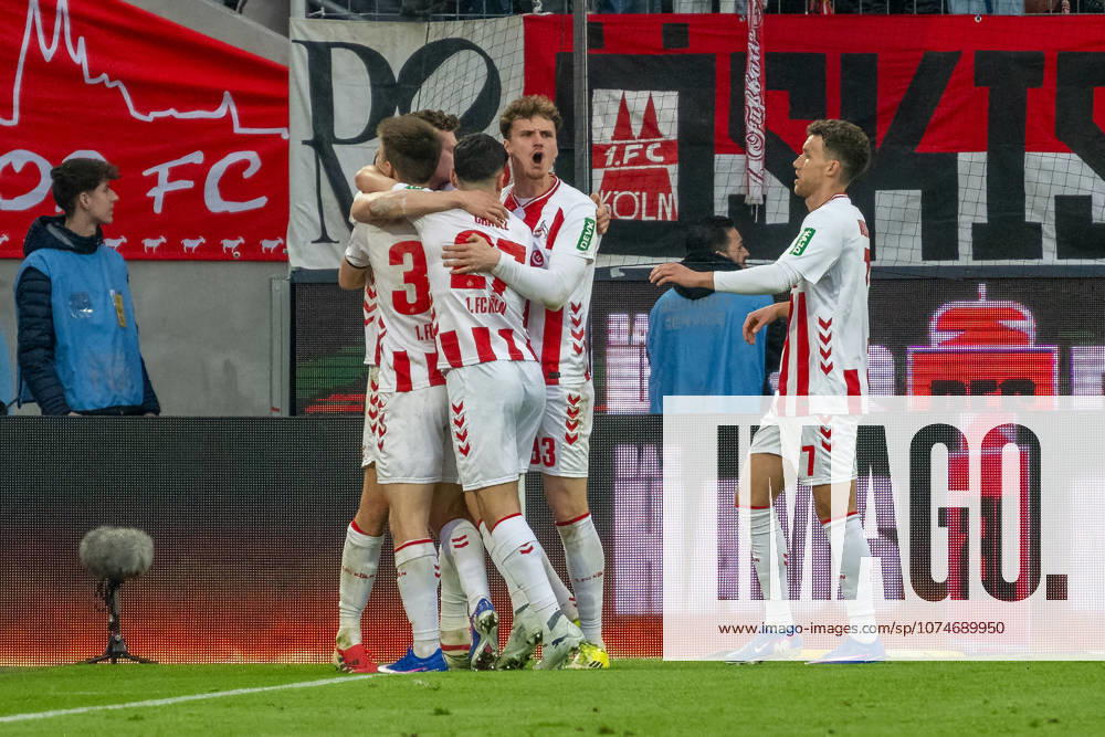 Cologne players celebrate the goal for 3 3 1 FC Koeln vs Borussia Moenchengladbach, Football, 1 Bundesliga, 27 Matchday, Season 2025 2026, 21 03 2026 DFL DFB Regulations prohibit any use of Photographs as image sequences and or Quasivideo 1 FC Koeln vs Borussia Moenchengladbach, Football, 1 Bundesliga, 27 Matchday, Season 2025 2026, 21 03 2026 Koeln