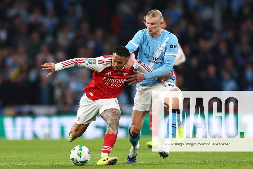 Gabriel Jesus of Arsenal under pressure from Erling Haland of Manchester City Arsenal v Manchester City, EFL Carabao Cup, Final, Football, Wembley Stadium, London, UK - 22 Mar 2026London Wembley Stadium United Kingdom