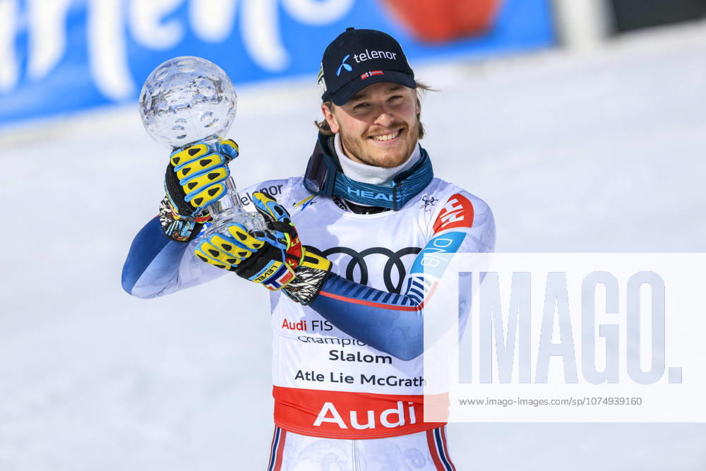 ALPINE SKIING - FIS WC Final Lillehammer HAFJELL,NORWAY,25.MAR.26 - ALPINE SKIING - FIS World Cup Final, slalom, men. Image shows the rejoicing of Atle Lie McGrath (NOR). keywords: crystal globe. GEPAxpictures xWolfgangxGrebien