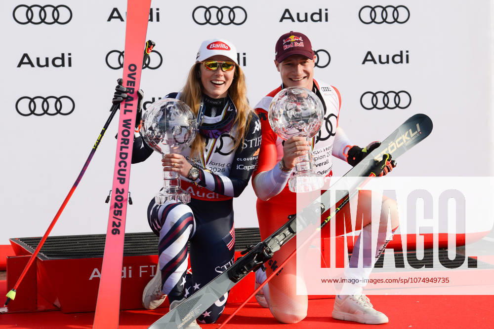 Mikaela Shiffrin of the Unites States and Marco Odermatt of Switzerland with their crystal globes for being the overall champions for the 2025 26 FIS Alpine World Cup season Hafjell Norway - ZUMAl132 20260325_zap_l132_027
