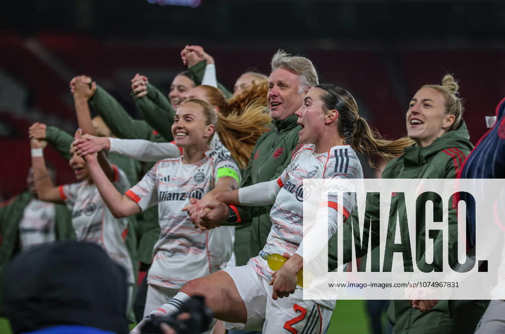GBR, Manchester, Manchester United vs Bayern Munich, WomenÂs Champions League, Football, UEFA, Season 2025 2026, Old Trafford, Quarter-final, First leg in picture FC Bayern Munich Women celebrate victory 3 2 against Manchester United DFB DFL REGULATIONS PROHIBIT ANY USE OF PHOTOGRAPHS AS IMAGE SEQUENCES AND OR QUASI VIDEO