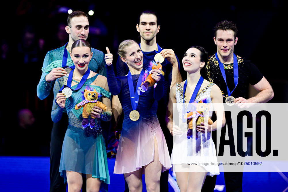 Pairs Awards, L-R, Anastasiia METELKINA & Luka BERULAVA (GEO) second place, Minerva Fabienne HASE & Nikita VOLODIN (GER) first place, Lia PEREIRA & Trennt MICHAUD (CAN) third place, during Victory Ceremony, at the ISU Figure skating, Eiskunstlauf World Championships 2026, at O2 Arena, on March 26, 2026 in Prague, Czechia. Noxthirdxpartyxsales aflo_324980276