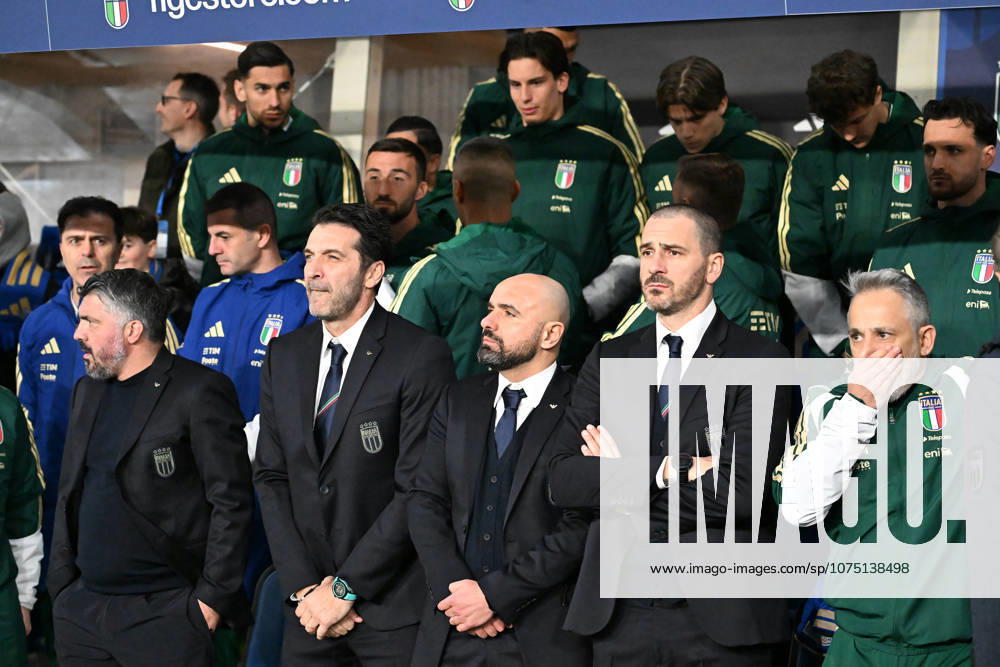 Soccer, FIFA World Cup, WM, Weltmeisterschaft, Fussball 2026 match between Italy-North Ireland Gennaro Gattuso, Gianluigi Buffon, Leonardo Bonucci during national anthem during playoff qualifier Fifa World Cup 2026 match between Italy-North Ireland at the gewiss stadium, Italy, March 26th, 2026. Imago-Images Emmefoto