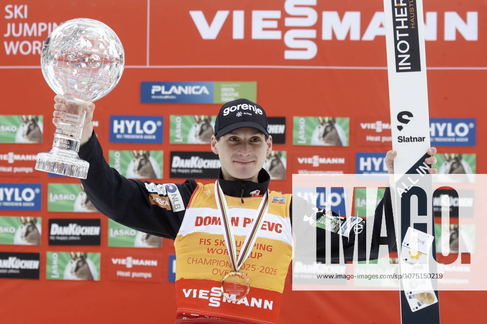 FIS Ski jumping, Skispringen, Ski, nordisch World Cup in Planica Domen Prevc of Slovenia celebrates with the men s ski jumping World Cup overall crystal globe trophy at the FIS Ski Jumping World Cup in Planica, Slovenia, 29 March 2026. PLANICA Slovenia