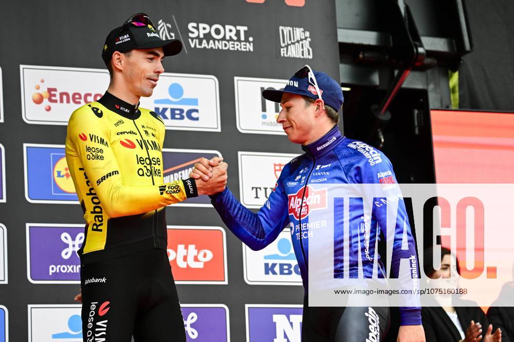 In Flanders Fields From Middelkerke to Wevelgem 2026 Cycling Race WEVELGEM, BELGIUM - MARCH 29 : Laporte Christophe (FRA) of Team Visma Lease a Bike, Philipsen Jasper (BEL) of Alpecin Premier Tech on the podium during the 88th edition of In Flanders Fields From Middelkerke to Wevelgem an UCI World Tour 1.UWT one day cycling road race for Men Elite of 240 km with start in Middelkerke and finish in Wevelgem on March 29, 2026 in Wevelgem, Belgium, 29 03 2026 ( Motordriver Guy De Vuyst - Wevelgem Belgium