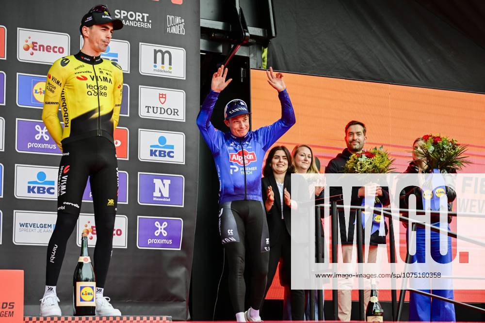In Flanders Fields From Middelkerke to Wevelgem 2026 Cycling Race WEVELGEM, BELGIUM - MARCH 29 : Laporte Christophe (FRA) of Team Visma Lease a Bike, Philipsen Jasper (BEL) of Alpecin Premier Tech on the podium during the 88th edition of In Flanders Fields From Middelkerke to Wevelgem an UCI World Tour 1.UWT one day cycling road race for Men Elite of 240 km with start in Middelkerke and finish in Wevelgem on March 29, 2026 in Wevelgem, Belgium, 29 03 2026 ( Motordriver Guy De Vuyst - Wevelgem Belgium