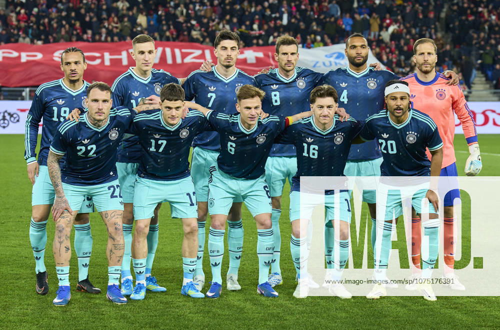 DFB team photo: (back row l-r) Leroy Sane of Germany Nico Schlotterbeck of Germany Kai Havertz of Germany Leon Goretzka of Germany Jonathan Tah of Germany Oliver Baumann goalkeeper of Germany (front row l-r) David Raum of Germany Florian Wirtz of Germany Joshua Kimmich of Germany Angelo Stiller of Germany Serge Gnabry of Germany in the friendly match SWITZERLAND - GERMANY 3-4 in preparation for FIFA World Cup, WM, Weltmeisterschaft, Fussball 2026 on Mar 27, 2026 in Basel, Switzerland.