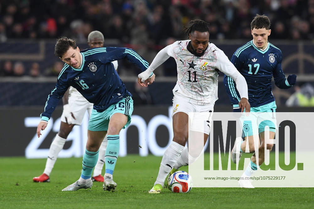 International soccer match Germany Ghana on 30 03 2026 at the MHP Arena in Stuttgart Angelo Stiller Germany , left Antoine Semenyo Ghana , center Florian Wirtz Germany , right DFB regulations prohibit any use of photographs as image sequences and or quasi video xRx