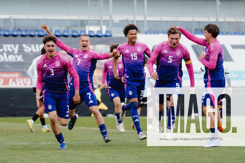 SOCCER - UEFA U19 EURO quali, AUT vs GER WIENER NEUSTADT,AUSTRIA,31.MAR.26 - SOCCER - UEFA European Under-19 Championship 2026, qualifiers, OEFB under-19 international match, Länderspiel, Nationalmannschaft Austria vs Germany. Image shows ther rejoicing of Maximilian Theuer (GER), Yil Gashi (GER), Dahrel Armani Tchitchi (GER), Ben Hawighorst (GER) and Alexander Staff (GER). GEPAxpictures anderxSolc