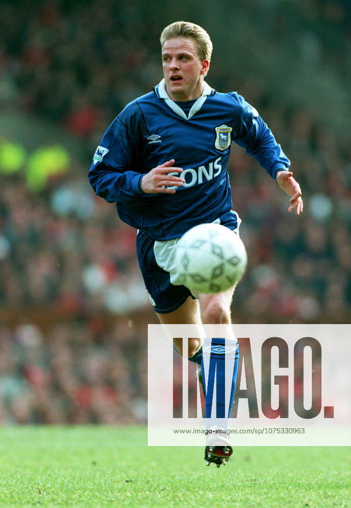 Manchester United, ManU V Ipswich Town, Premier League Alex Mathie of Ipswich Town on the ball during the Premier League match between Manchester United and Ipswich Town at Old Trafford on March 4, 1995 in Manchester, England. Manchester Old Trafford England United Kingdom