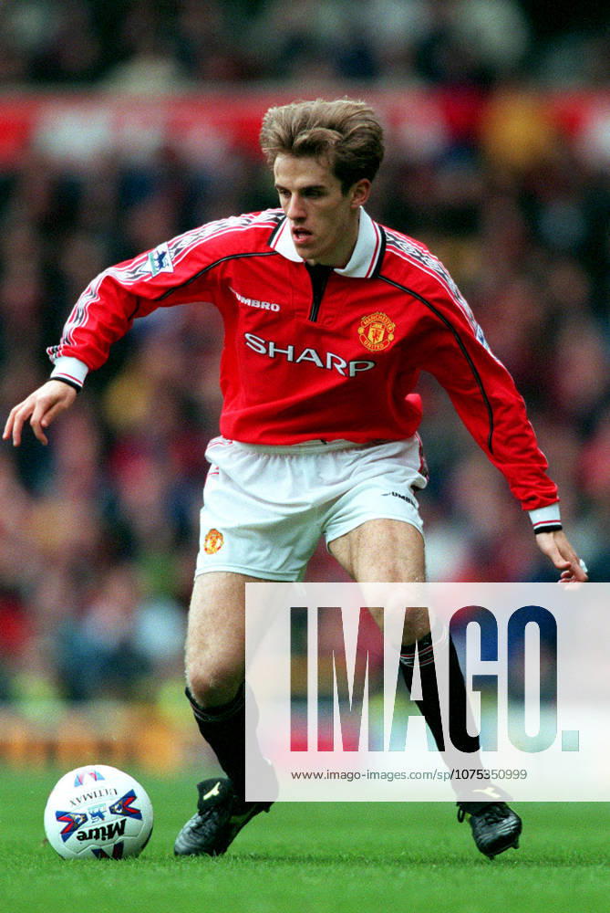 Manchester United, ManU V Everton, Premier League Philip Neville of Manchester United on the ball during the Premier League match between Manchester United and Everton at Old Trafford on March 21, 1999 in Manchester, England. Manchester Old Trafford England United Kingdom