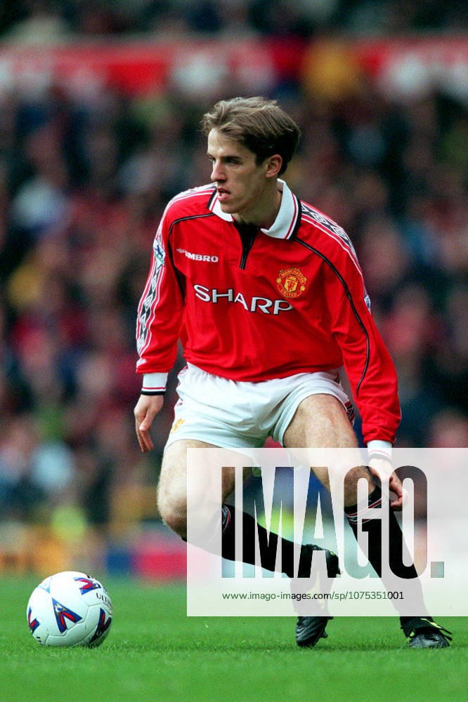 Manchester United, ManU V Everton, Premier League Philip Neville of Manchester United on the ball during the Premier League match between Manchester United and Everton at Old Trafford on March 21, 1999 in Manchester, England. Manchester Old Trafford England United Kingdom