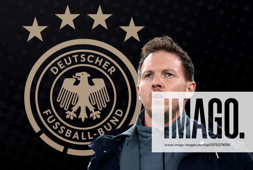 ATTENTION PHOTOMONTAGE Here in the picture Julian Nagelsmann, national coach Germany head, upper body, in the background a photo with the logo of the German Football Association, DFB