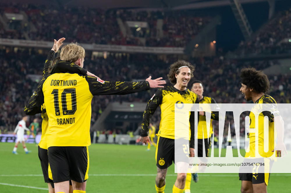 Goal for 0 2 by Julian Brandt Borussia Dortmund, 10 , celebrates his goal with Marcel Sabitzer Borussia Dortmund, 20 , Fabio Silva Borussia Dortmund, 21 , Karim Adeyemi Borussia Dortmund, 27 GER, VfB Stuttgart vs Borussia Dortmund, Football, Men, 1 Bundesliga, 28 Matchday, Season 2025 2026, 04 04 2026, DFL DFB REGULATIONS PROHIBIT ANY USE OF PHOTOGRAPHS AS IMAGE SEQUENCES AND OR QUASI VIDEO, GER, VfB Stuttgart vs Borussia Dortmund, Football, Men, 1 Bundesliga, 28 Matchday, Season 2025 2026, 04 04 2026 Stuttgart
