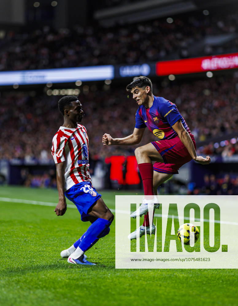 Atletico de Madrid v FC Barcelona, Barca - LaLiga MADRID, SPAIN - APRIL 04: Marc Bernal (R) of FC Barcelona battles for the ball with Faiths Seidu of Atletico de Madrid during the LaLiga EA Sports match between Rayo Vallecano and Elche CF at Riyadh Air Metropolitano Stadium on April 04, 2026 in Madrid, Spain. Pablo Garcia Anadolu Madrid Spain. Editorial use only. Please get in touch for any other usage.