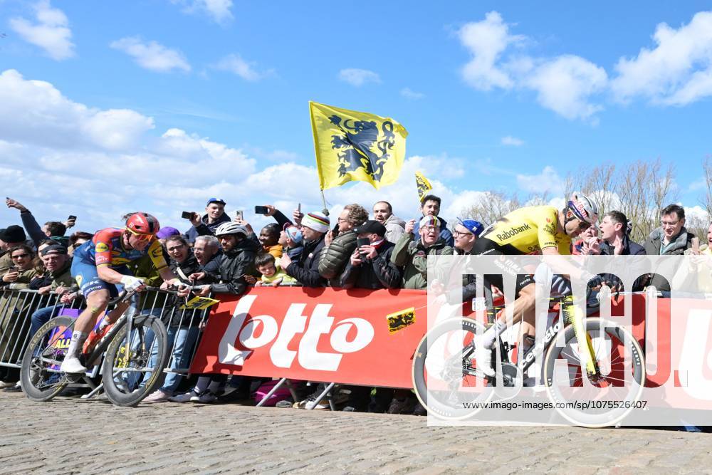 Danish Mads Pedersen of Lidl-Trek and Belgian Wout van Aert of Team Visma-Lease a Bike pictured in action on Koppenberg during the men s race of the Ronde van Vlaanderen Tour des Flandres Tour of Flanders UCI WorldTour one day cycling race, 278 km from Antwerp to Oudenaarde, Sunday 05 April 2026. DAVIDxPINTENS x169873267x
