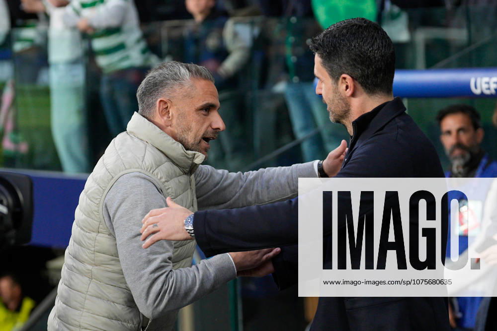 Sporting CP Vs Arsenal FC in Lisbon, Portugal - 07 Apr 2026 Rui Borges, Sporting CP Coach, (L) and Mikel Arteta, Arsenal FC Coach, (R) seen during the UEFA Champions League 2025 26 Quarter-finals 1st leg between Sporting CP and Arsenal FC at Estadio Jose Alvalade. Final score: Sporting CP 0:1 Arsenal FC Lisbon Portugal