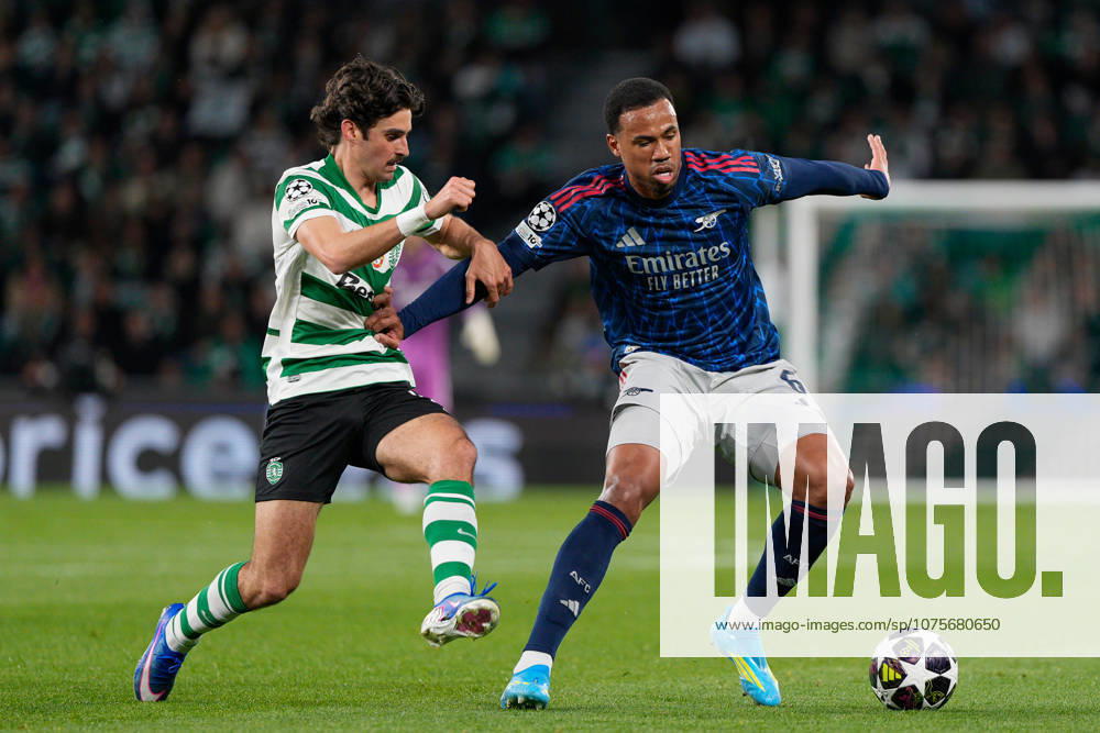 Sporting CP Vs Arsenal FC in Lisbon, Portugal - 07 Apr 2026 Francisco Trincao of Sporting CP (L) and Gabriel Magalhaes of Arsenal FC (R) seen in action during the UEFA Champions League 2025 26 Quarter-finals 1st leg between Sporting CP and Arsenal FC at Estadio Jose Alvalade. Final score: Sporting CP 0:1 Arsenal FC Lisbon Portugal