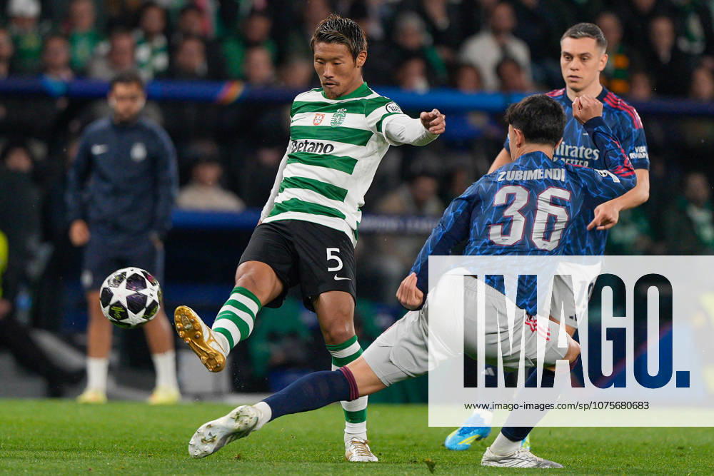 Sporting CP Vs Arsenal FC in Lisbon, Portugal - 07 Apr 2026 Hidemasa Morita of Sporting CP (L), Martin Zubimendi of Arsenal FC (C) and Leandro Trossard of Arsenal FC (R) seen in action during the UEFA Champions League 2025 26 Quarter-finals 1st leg between Sporting CP and Arsenal FC at Estadio Jose Alvalade. Final score: Sporting CP 0:1 Arsenal FC Lisbon Portugal