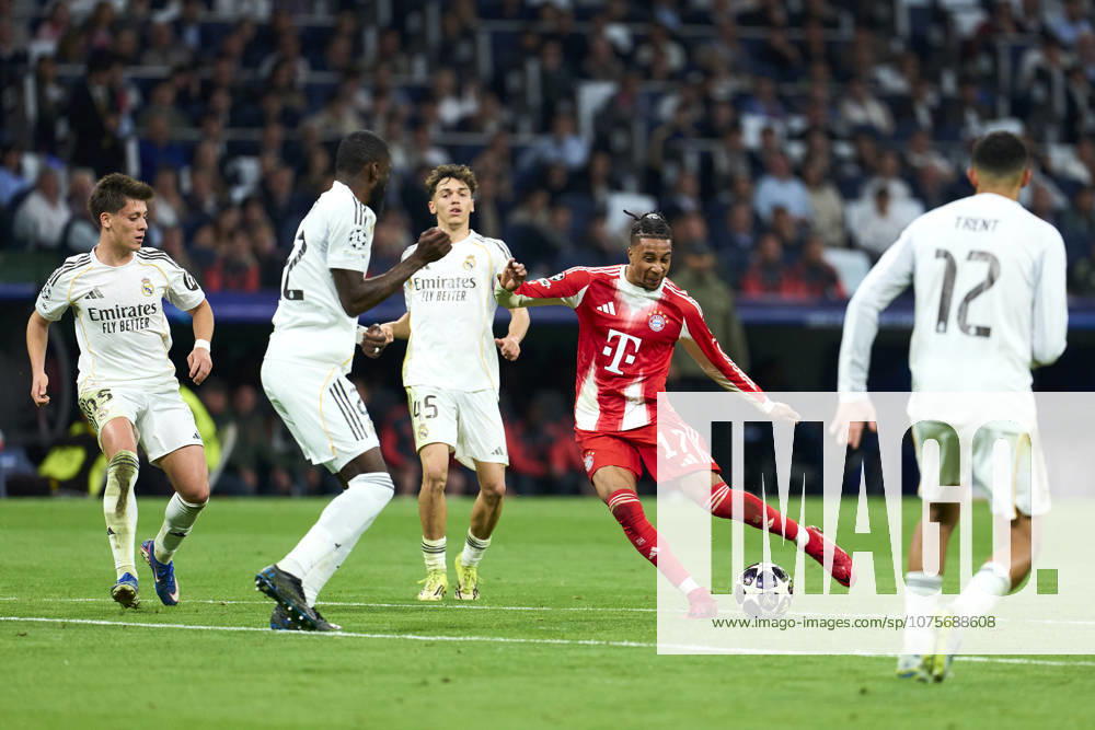 SOCCER-Matchday Round of Quarter-finals of UEFA Champions League match between Real Madrid CF and FC Bayern Munchen at Bernabeu Stadium on April 7, 2026. Michael Olise of FC Bayern Munchen battles for the ball with Antonio Rüdiger of Real Madrid CF during the UEFA Champions League match between Real Madrid CF and FC Bayern Munchen at Bernabeu Stadium on April 7, 2026. Madrid Madrid Spain