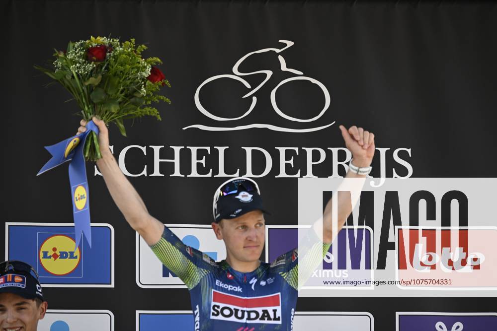 Belgian Tim Merlier of Soudal Quick-Step celebrates on the podium after winning the men s race of the Scheldeprijs one day cycling event, 205,2km from Terneuzen, the Netherlands to Schoten, Belgium on Wednesday 08 April 2026. TOM GOYVAERTS TomxGoyvaerts x170208711x