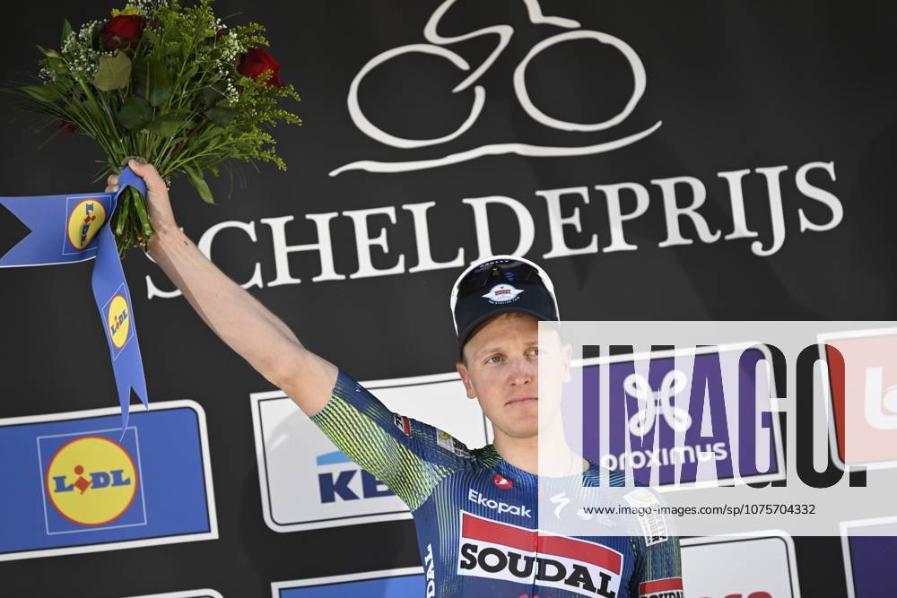 Belgian Tim Merlier of Soudal Quick-Step celebrates on the podium after winning the men s race of the Scheldeprijs one day cycling event, 205,2km from Terneuzen, the Netherlands to Schoten, Belgium on Wednesday 08 April 2026. TOM GOYVAERTS TomxGoyvaerts x170208739x