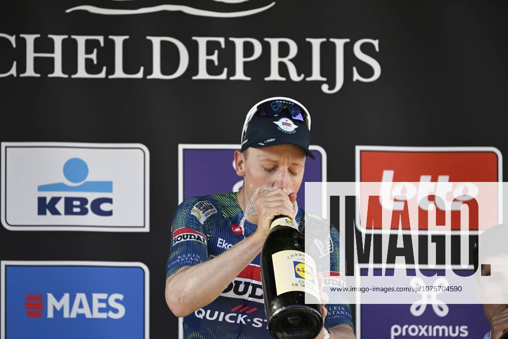 Belgian Tim Merlier of Soudal Quick-Step celebrates on the podium after winning the men s race of the Scheldeprijs one day cycling event, 205,2km from Terneuzen, the Netherlands to Schoten, Belgium on Wednesday 08 April 2026. TOM GOYVAERTS TomxGoyvaerts x170209493x