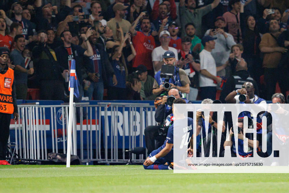 Desire Doue seen celebrating after scoring goal during UEFA Champions League quarterfinal game between teams of Paris Saint-Germain Football Club and Liverpool FC (Maciej Rogowski Ball Raw Images PT) Paris Parc des Princes France