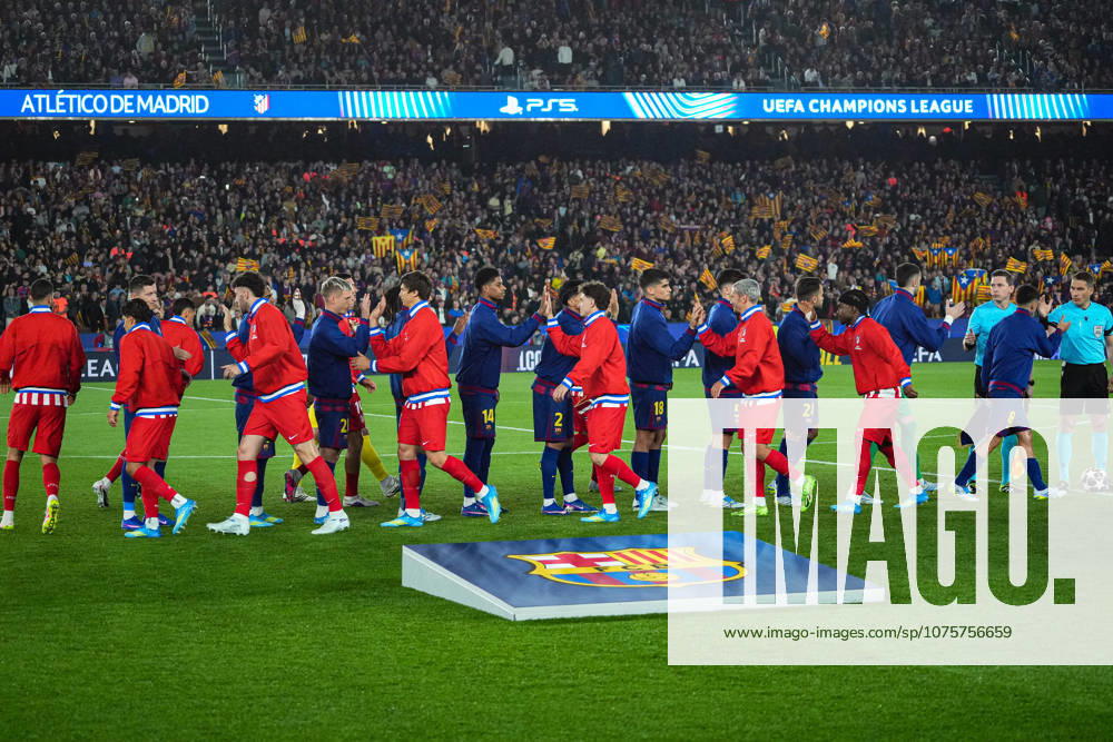 ESP: FC Barcelona, Barca - Atletico de Madrid. UEFA Champions League. Quarter-Finals, first leg. FC Barcelona players and Atletico de Madrid players during UEFA Champions League match, Quarter-Finals, first leg, between FC Barcelona and Atletico de Madrid played at Spotify Camp Nou Stadium on April 8, 2026 in Barcelona, Spain. kpng